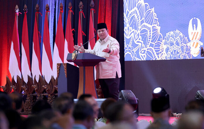 Presiden Prabowo menghadiri acara Halalbihalal TNI-Polri, di Jakarta, Selasa (6/5). [Tim Media Presiden]
