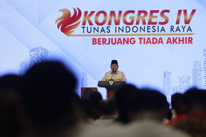 Presiden Prabowo hadir di Kongres IV organisasi sayap Partai Gerindra, Tunas Indonesia Raya (TIDAR), di Hotel Borobudur Jakarta, Sabtu (17/5). [astakom]