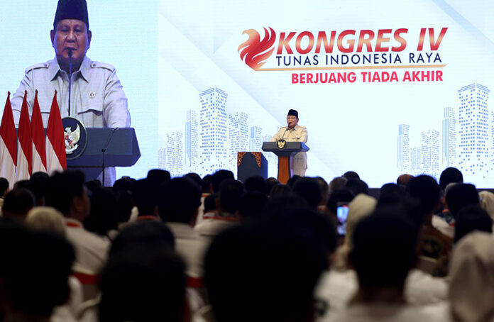 Presiden Prabowo Subianto menghadiri Kongres IV Tunas Indonesia Raya (TIDAR) di Hotel Borobudur, Jakarta Pusat, Sabtu (17/5). [Tim Media Presiden/M Syauqi Amrullah]