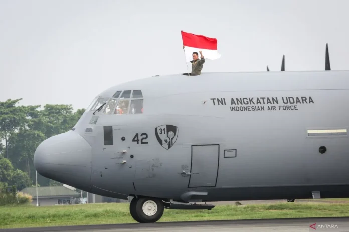 Pesawat C130J Super Hercules A1342 tiba di Lanud Halim Perdanakusuma, Jakarta, Kamis (16/5). [astakom/ TNI AU]