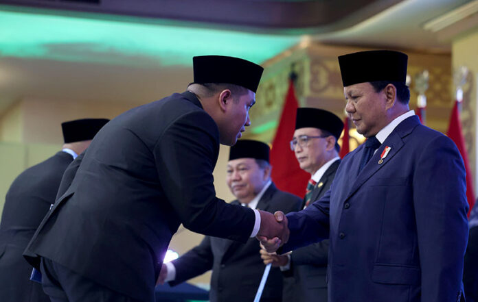 Presiden Prabowo menghadiri pengukuhan 1.451 hakim Mahkamah Agung (MA), di Gedung Mahkamah Agung, Kamis, (12/6). [Tim Media Presiden]