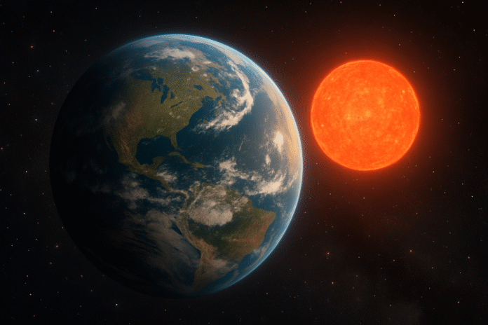 Ilustrasi planet mirip bumi yang mengorbit Red Dwarf. [astakom]