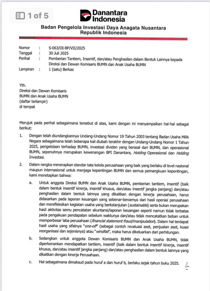 Surat Edaran S-063/DI-BP/VII/2025 Pemberian Tantiem, Insentif, dan/atau Penghasilan dalam Bentuk Lainnya kepada Direksi dan Dewan Komisaris BUMN dan Anak Usaha BUMN. [astakom]