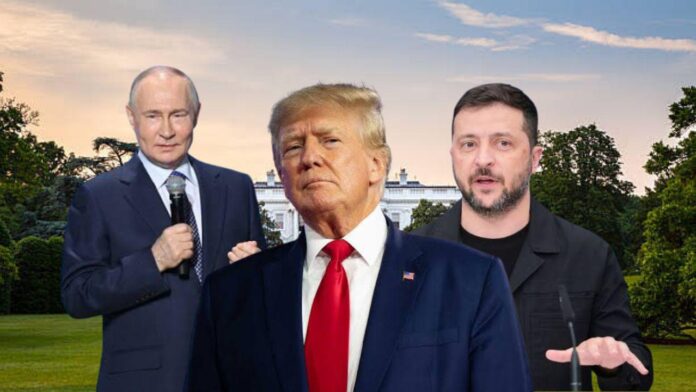 Ilustrasi, Kiri Presiden Vladimir Putin, Tengah Presiden Amerika Serikat Donald Trump, dan Kanan Presiden Ukraina Zelensky. [astakom]