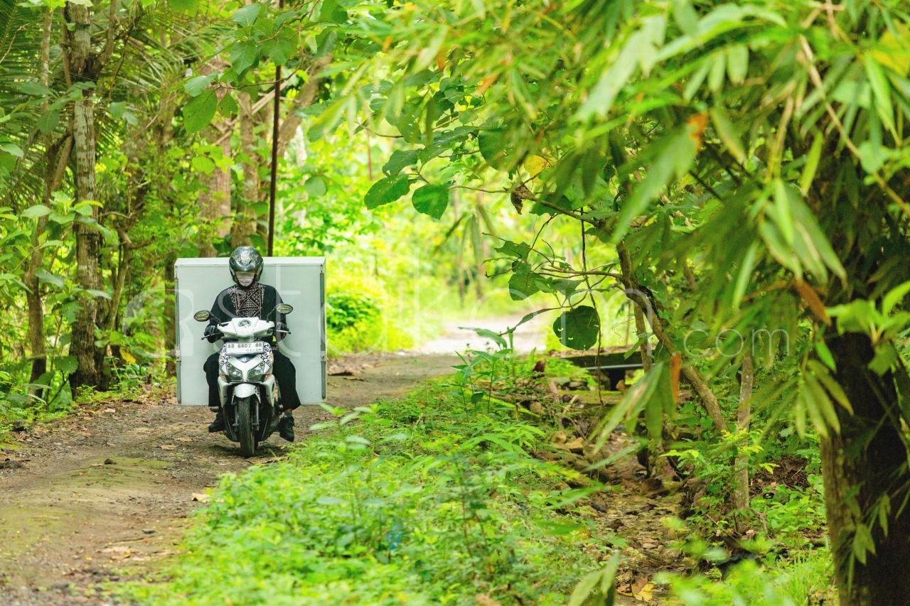 Satuan Pelayanan Pemenuhan Gizi (SPPG) Pengasih 1 mengendarai sepeda motor distribusi Makanan Bergizi Gratis (MBG) ke sekolah-sekolah, di Kulon Progo, Daerah Istimewa (DI) Yogyakarta, Senin (1/12).