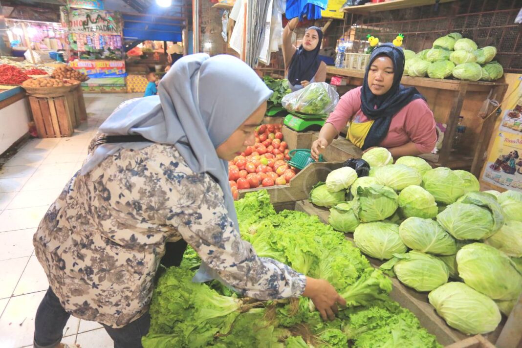 Pasokan Komoditas di Padang Kembali Lancar Pedagang Pasar Raya Padang merapikan pasokan komoditas sembako